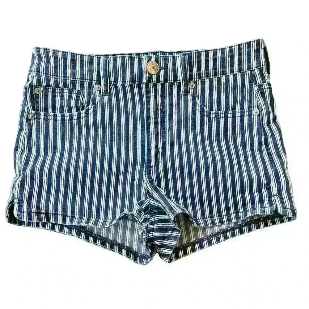 American Eagle Hi Rise Shortie Shorts Sz 6 Next Level Stretch Striped Blue White